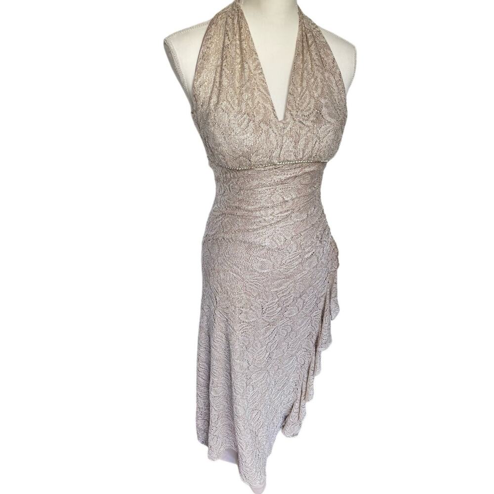 Vintage 90's Cach'e Gold Sparkly Halter Side Ruffle Maxi Dress Women's Small 4